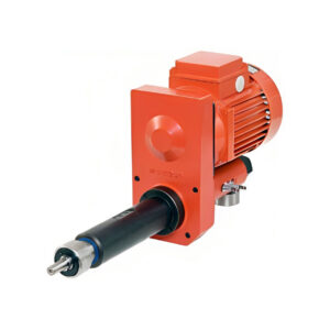 En industriell orange motor med ett cylindriskt svart fäste, med en metallisk ändkomponent, visas mot en vit bakgrund och visar upp avancerade bearbetningsenheter.