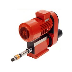 Denna bearbetningsenheter har ett rött roterande verktyg med en elmotor och en metallspindel, allt säkert monterat på ett livfullt rött fäste.