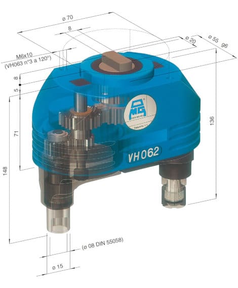 3D-rendering av en blå mekanisk enhet märkt ”VH062”, med delvis genomskinligt hölje som visar invändiga kugghjul. Tekniska måttangivelser runt objektet, inklusive diameter 70 mm, höjd 136 mm och gänga M6x10.