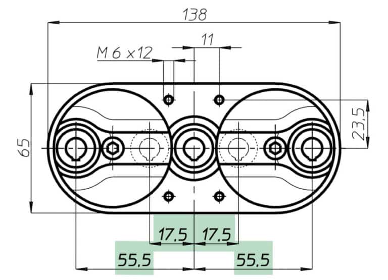 Teknisk ritning i svartvitt av en symmetrisk mekanisk komponent sedd ovanifrån. Måttangivelser visar total längd 138 mm, bredd 65 mm, hålavstånd 55,5 mm och gängade hål M6x12.
