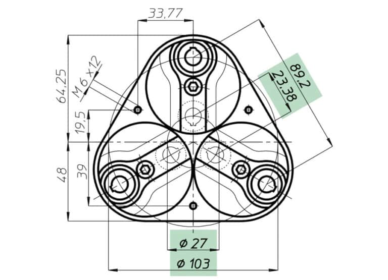 Svartvit teknisk toppvy av en symmetrisk metallkomponent med två cirkulära ändar och flera monteringshål, total längd 138 mm.